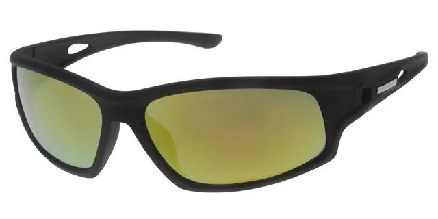 Solbrille sport sort gummi med sølv dekoration samt sorte glas med rødt spejl