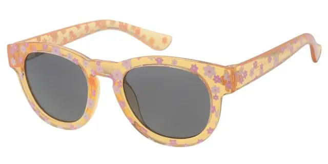 Børne Solbrille transparent orange med blomster samt sorte glas
