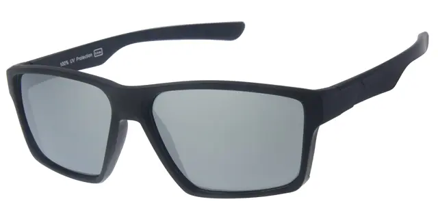 Solbrille sort med gummi overflade samt sølv spejlglas