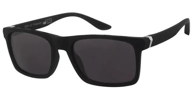 Solbrille mat sort gummi overflade og sølv dekoration samt sorte glas