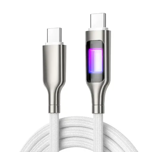 [805534] USB C til USB C kabel 2.0 m offwhiteflettet, med led indikator 3,0 amp max. 60 watt